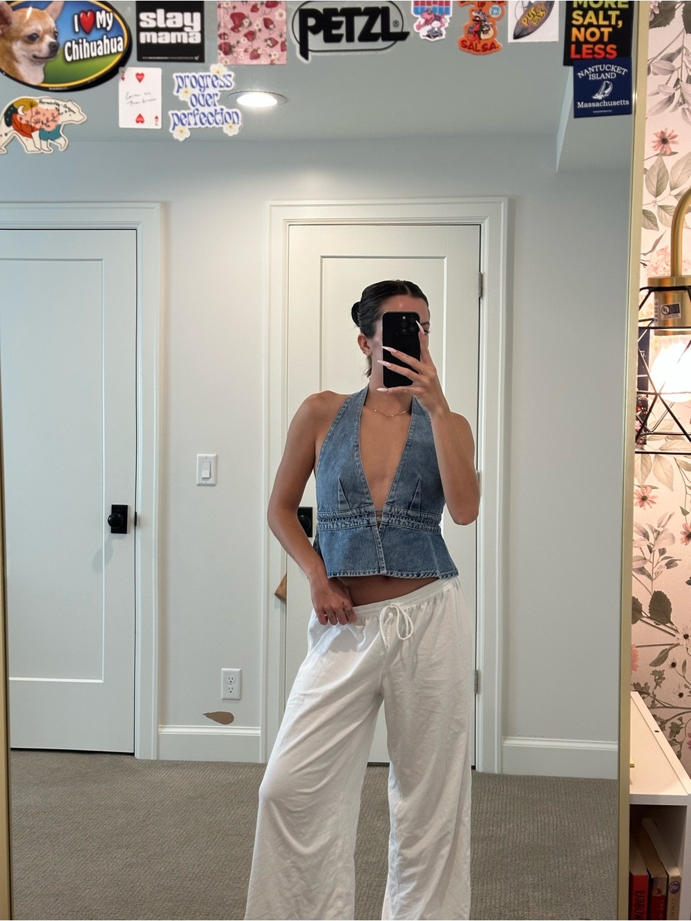 Princess Polly Denim Halter Top Blue Jean Corset Peplum Top US 4